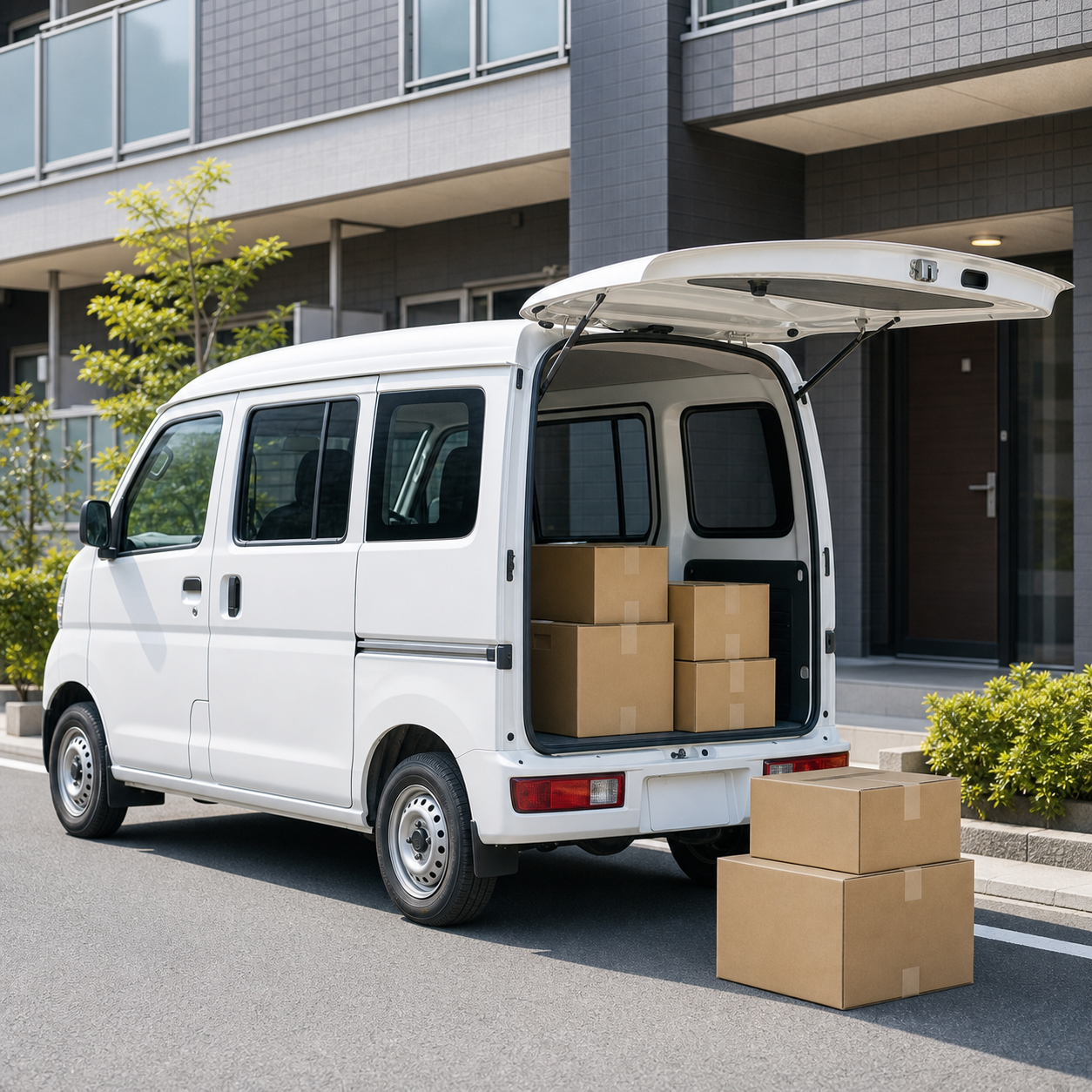 マンション前で荷物を積んだ軽貨物車両